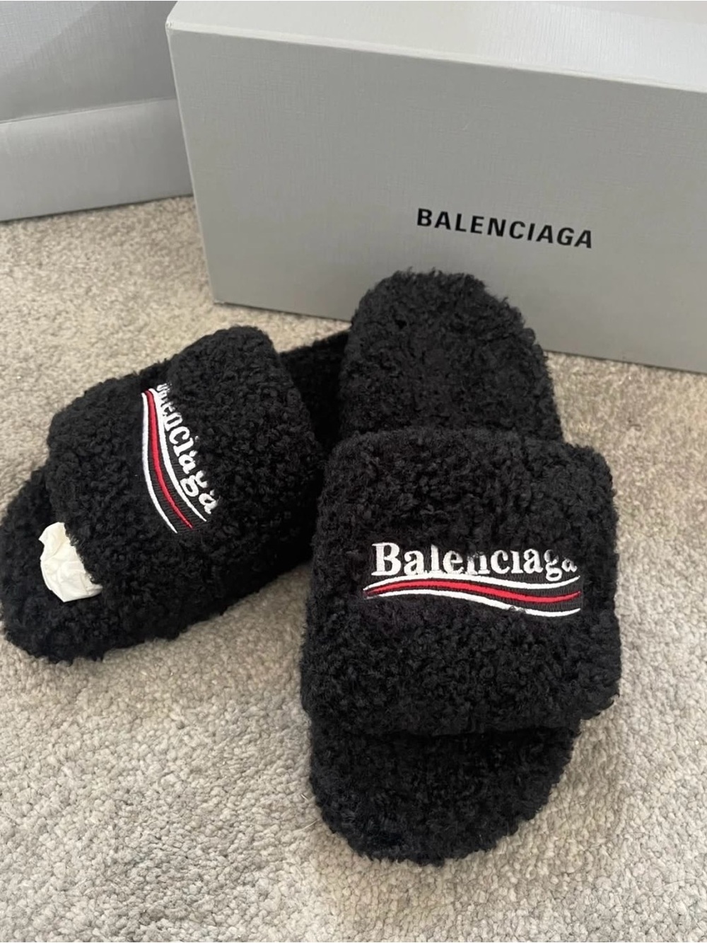 Balenciaga Black Fuzzy Logo Slides with Red & White Stripes